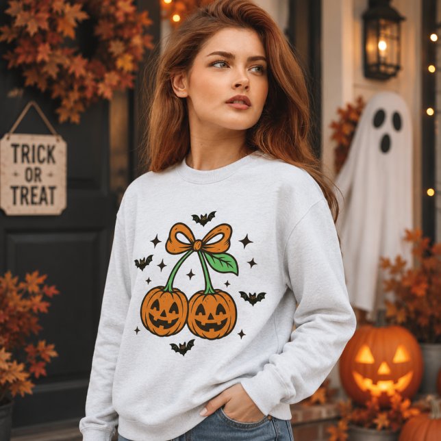 Kürbis-Kirschen-Schleife Halloween-Fledermäuse Gra Sweatshirt (Von Creator hochgeladen)