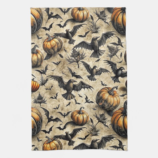 Kürbis, Krähen und Fledermäuse Halloween Muster (2 Geschirrtuch (Vertikal)