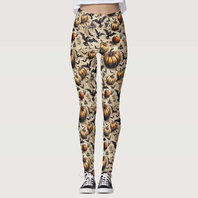 Kürbis, Krähen und Fledermäuse Halloween Muster (2 Leggings (Vorderseite)