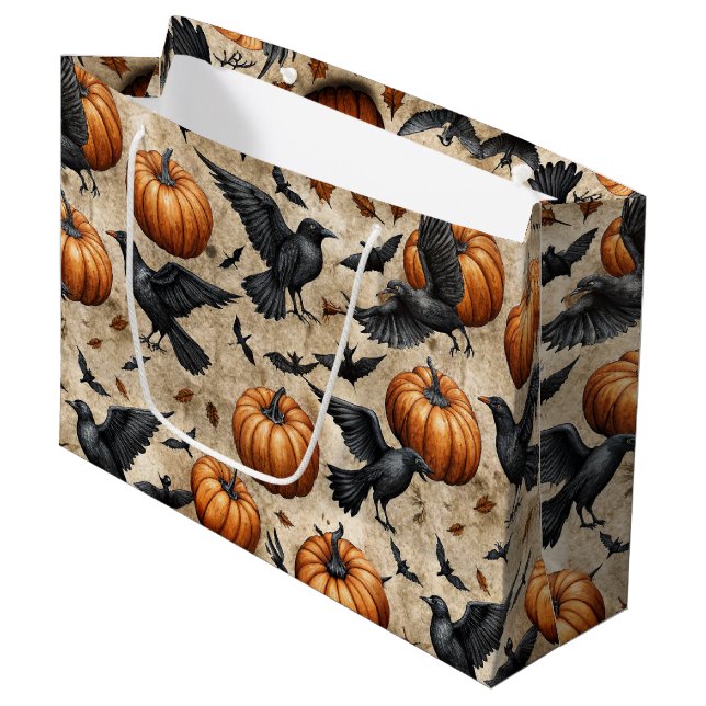 Kürbis, Krähen und Fledermausmuster Große Geschenktüte (Vorderseite Schrägansicht)