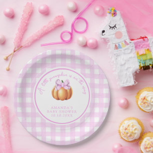 Kürbis mit rosa Schleife im Käfig Baby Shower Pappteller