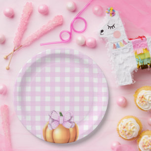 Kürbis mit rosa Schleife im Käfig Baby Shower Pappteller