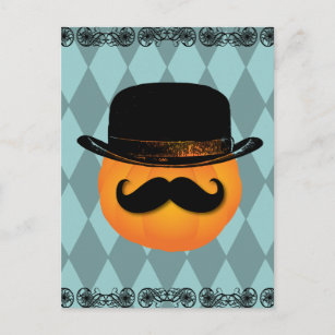 Kürbis mit Schnurrbart und Hut Postkarte