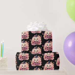 Kürbis Orange Blätter Schwarzes Halloween Geschenkpapier