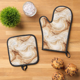 Kürbis-Pfirsich-Latte-Strudel Ofenhandschuh & Topflappen-Set