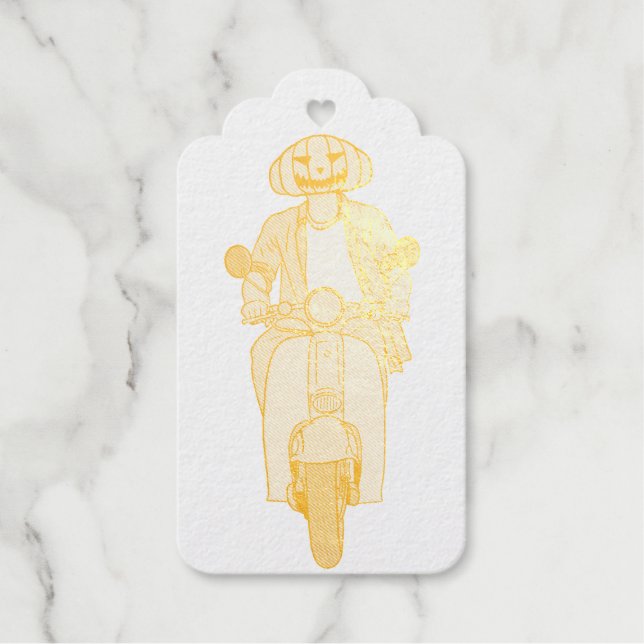 Kürbis-Reiter auf Mint-Scooter Geschenkanhänger (Vorderseite)