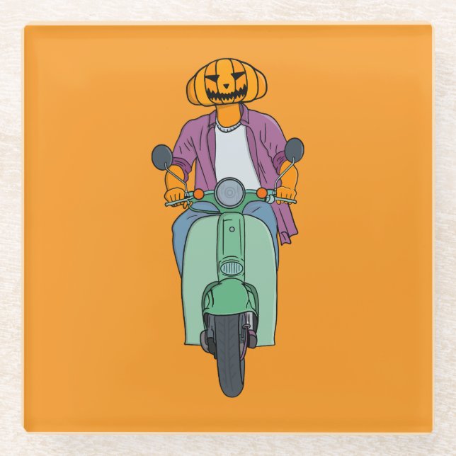 Kürbis-Reiter auf Minz-Scooter Glasuntersetzer (Vorderseite)