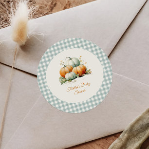 Kürbis-Sage-Grün-Gingham-Herbst-Baby-Party Runder Aufkleber