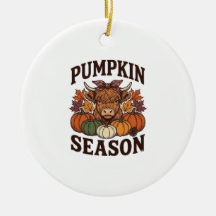 Kürbis-Saison Highland-Kuh Vintage-Herbst-Shirt_1 Keramik Ornament