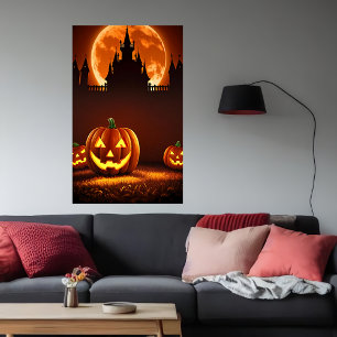 Kürbis, Schloss und Mond AI Art Poster