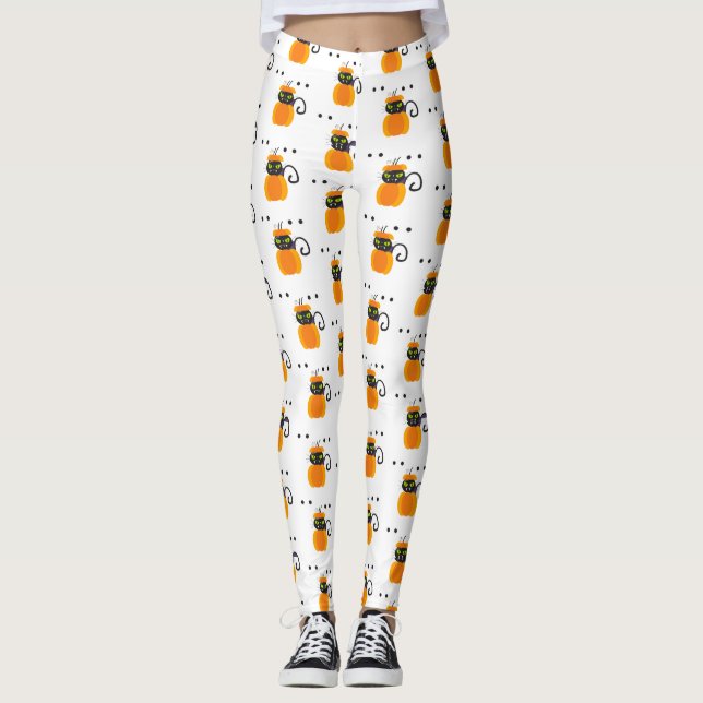 Kürbis, schwarze Katzenjammer, Halloween-Muster Leggings (Vorderseite)