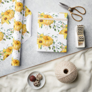 Kürbis, Sonnenblumen und Grünpflanzen Geschenkpapier