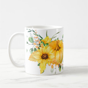 Kürbis, Sonnenblumen und Grünpflanzen Kaffeetasse