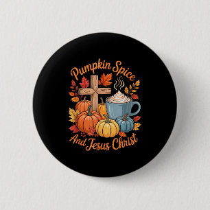 Kürbis-Szene und Jesus Christus Lustiger Herbst-Ch Button