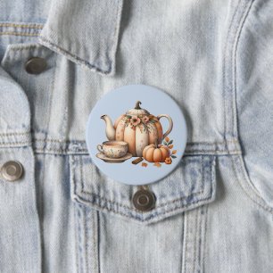Kürbis-Teekanne mit Herbstblumen-Illustration Button