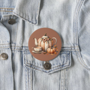 Kürbis-Teekanne mit Herbstblumen-Illustration Button