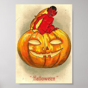 Kürbis-Teufel Vintage-Halloween-Kunstpostkarte Poster