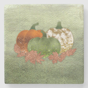 Kürbis-Trio mit kupfernen Herbstblättern Steinuntersetzer