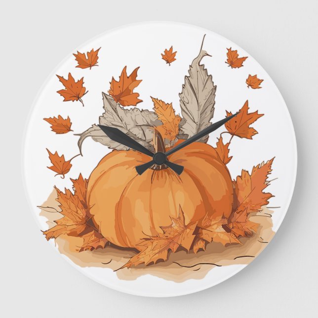 Kürbis und Blätter Große Wanduhr (Vorderseite)