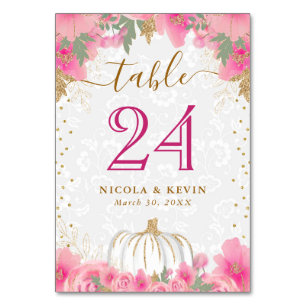 Kürbis und Blumen Hochzeit Sitzplan Pink Tischnummer