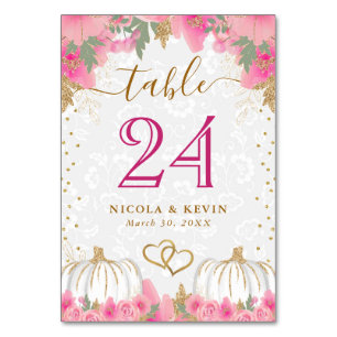 Kürbis und Blumen Hochzeit Sitzplan Rosa Tischnummer