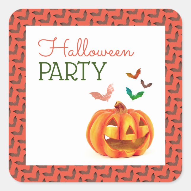 Kürbis und Fledermäuse, Halloween-Party Quadratischer Aufkleber (Vorderseite)