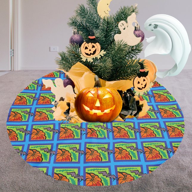 Kürbis und Fledermäuse, Name, Halloween, ZSG Polyester Weihnachtsbaumdecke (Pumpkins and Bats in Pattern, Name, Halloween, ZSG Brushed Polyester Tree Skirt)