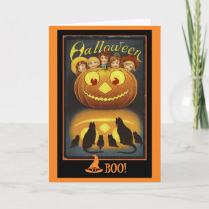 Kürbis und schwarze Katzen Vintage Halloween Karte