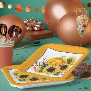 Kürbis und Sonnenblumen Herbst Pappteller