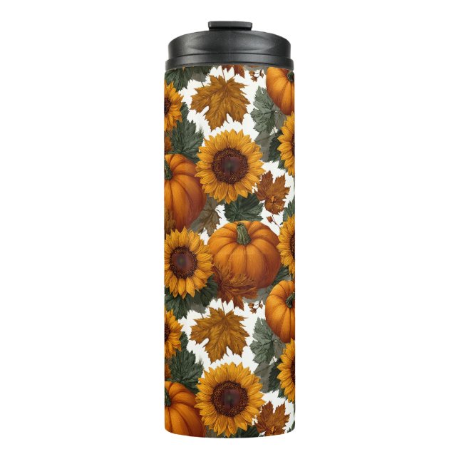 Kürbis und Sonnenblumen Herbstmuster Thermosbecher (Vorderseite)