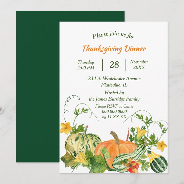 Kürbis und Squash Bounty Erntedank Dinner Einladung (Vorne/Hinten)