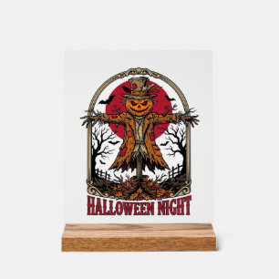 Kürbis-Vogelscheuche-Halloween-Vintage-Stich-Kunst Acrylschild
