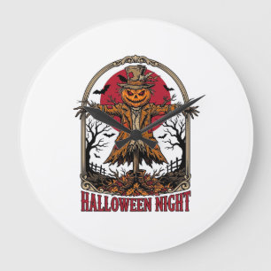 Kürbis-Vogelscheuche-Halloween-Vintage-Stich-Kunst Große Wanduhr