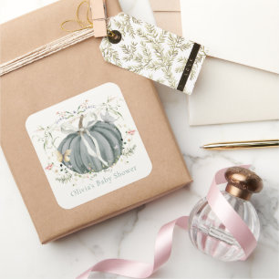 Kürbis Wildblumen Schmetterlinge Blau Baby Shower Quadratischer Aufkleber