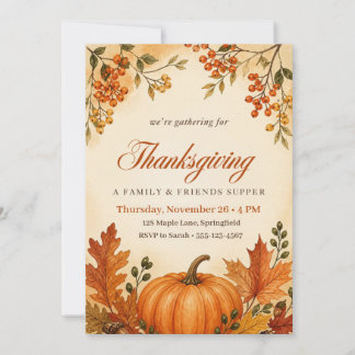 Kürbis-Zweig-Wasserfarben-Thanksgiving Einladung