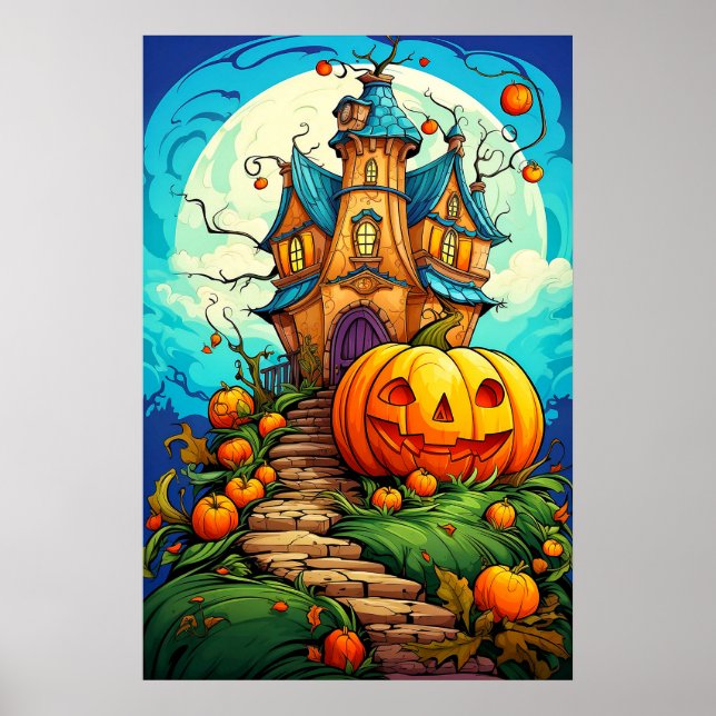 Kürbisbewachtes Halloween-Spuk Haus Poster (Vorne)