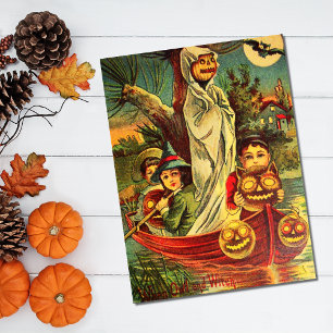 Kürbisboot zum Vintage-Halloween Postkarte