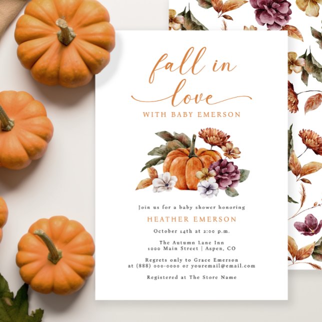 Kürbisfall in Liebe Babydusche Einladung (Pumpkin Fall In Love Baby Shower Invitation Watercolor Floral Autumn Fall)