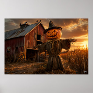 Kürbisfarm mit Vogelscheuche beim Sonnenuntergang Poster