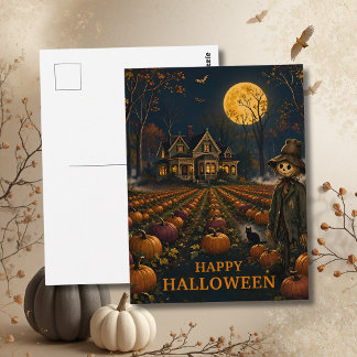 Kürbisfeld Halloween Vogelscheuche Postkarte