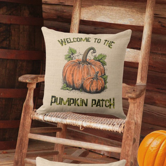 Kürbisfeld Herbst Faux Jute  Kissen (A fun country porch pillow for autumn!)