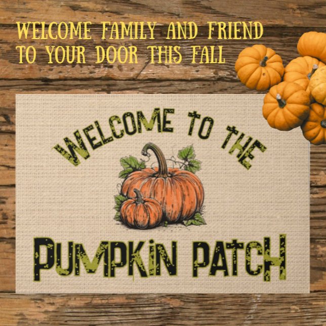 Kürbisfeld Herbst Halloween Faux Jute  Fußmatte (You can personalize the text!)