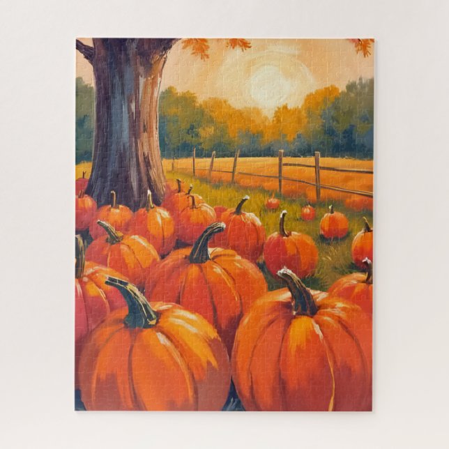 Kürbisfeld | Herbst Orange Wasserfarbe Herbst Puzzle (Vertikal)