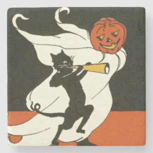 Kürbisgeisterschwarze Katze Horn Steinuntersetzer