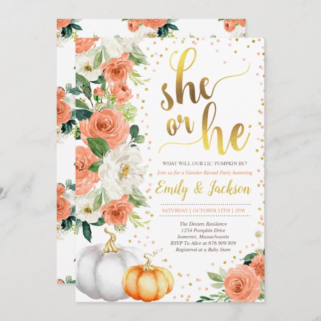 Kürbisgeschlecht offenbart Einladungs-Fall-Baby-En Einladung (Vorne/Hinten)