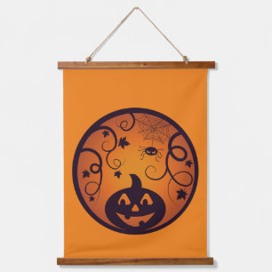 Kürbisgesicht und Spinne der Kürbislaterne Hallowe Wandteppich Mit Holzrahmen