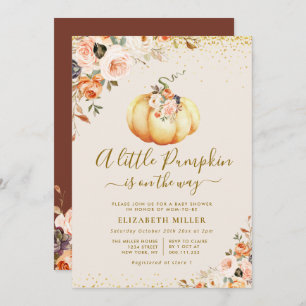 Kürbisgold und rötlich-blumige Babydusche Einladung