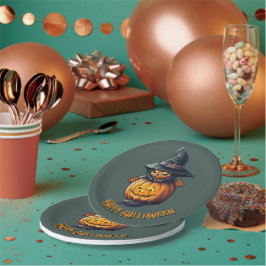 Kürbishexe im Katzenkostüm - Pappteller