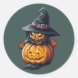 Kürbishexe im Katzenkostüm - Runder Aufkleber