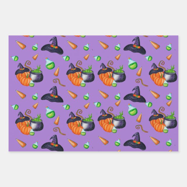 Kürbishexe, Süßigkeiten Design perfekt Halloween Geschenkpapier Set (Vorderseite)
